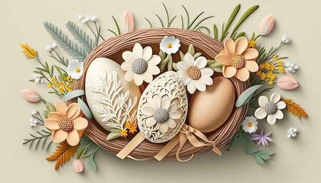 Easter Basket with Eggs and Flowers AI Generative