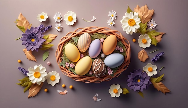 Easter Basket with Eggs and Flowers AI Generative