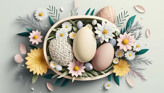 Easter Basket with Eggs and Flowers AI Generative