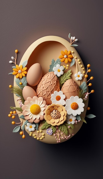 Easter Basket with Eggs and Flowers AI Generative