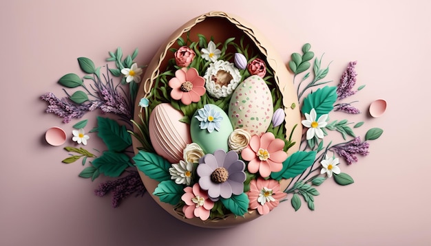 Easter Basket with Eggs and Flowers AI Generative