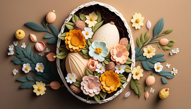 Easter Basket with Eggs and Flowers AI Generative