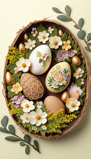 Easter Basket with Eggs and Flowers AI Generative