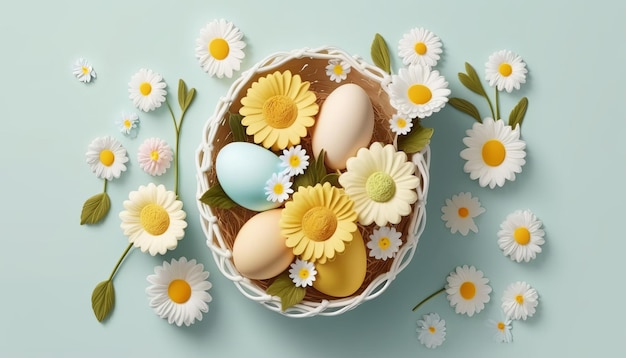 Easter Basket with Eggs and Flowers AI Generative