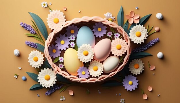 Easter Basket with Eggs and Flowers AI Generative