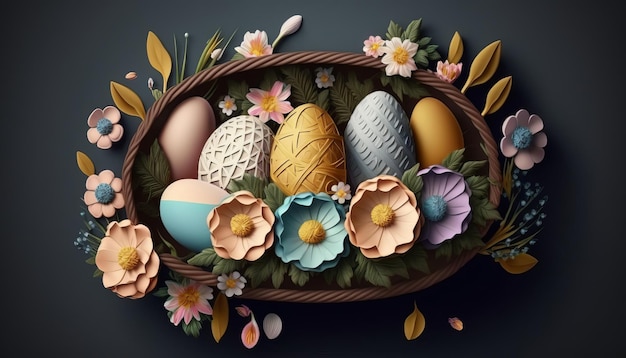 Easter Basket with Eggs and Flowers AI Generative