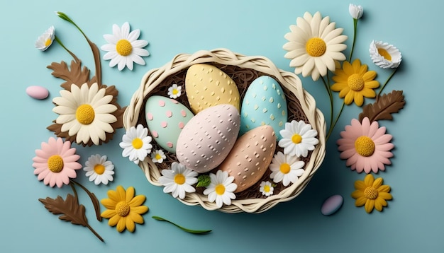 Easter Basket with Eggs and Flowers AI Generative