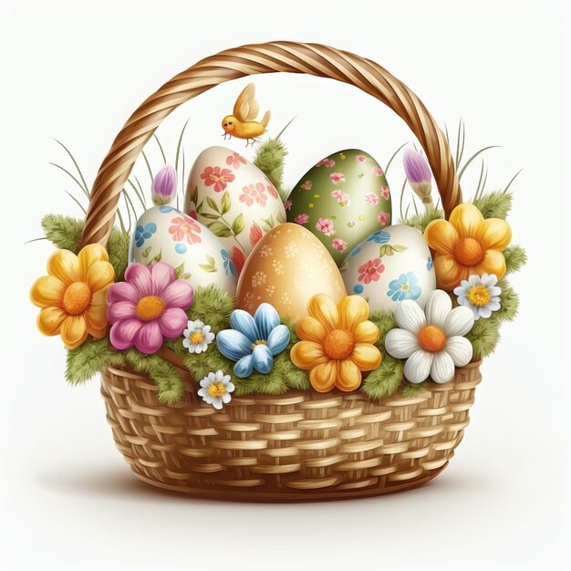 Photo easter basket with hand painted eggs and spring flowers