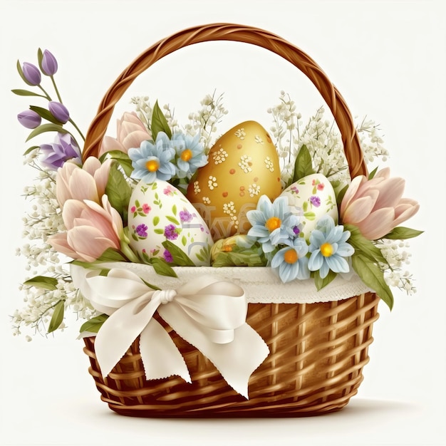 Photo easter basket with hand painted eggs and spring flowers