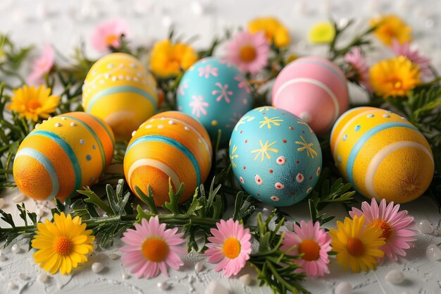 Easter border with colorful eggs and flowers on white background