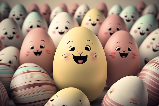 Easter bright cartoon colored eggs with smiles Generative AI