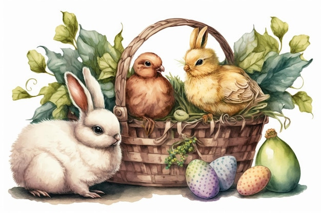 Easter bunnies a chicken and colorful eggs decorate a wooden basket in watercolor