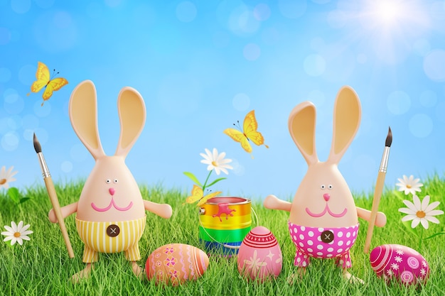 Easter bunnies with brushes and a can of paint in a flower meadow. Easter card. 3 d render