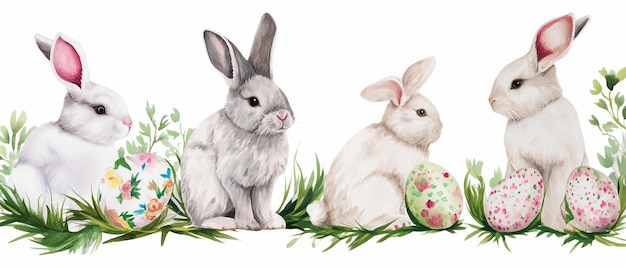 Easter bunnies with Easter eggs on a white background