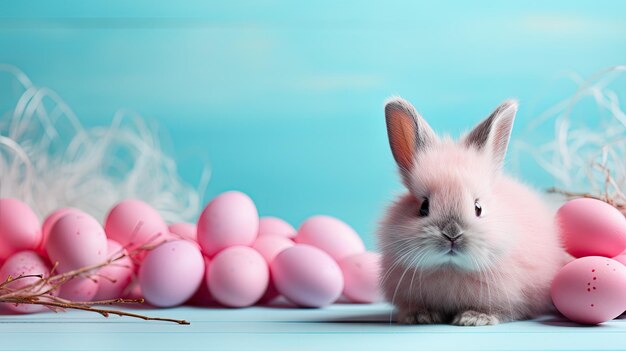 Easter bunny on a background of pink eggs on a blue background