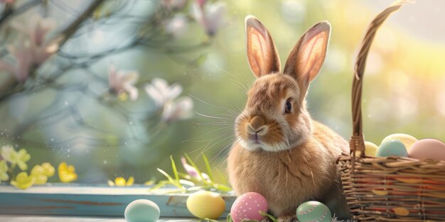 Easter bunny next to a basket with colorful eggs