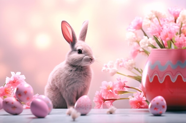 Easter bunny and basket with Easter eggs Nice photo background for Easter