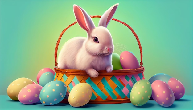 Easter bunny in a basket with eggs