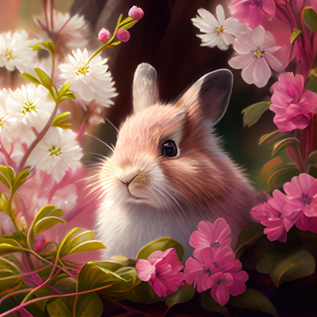 Easter bunny in blossom flowers spring background Generative Ai