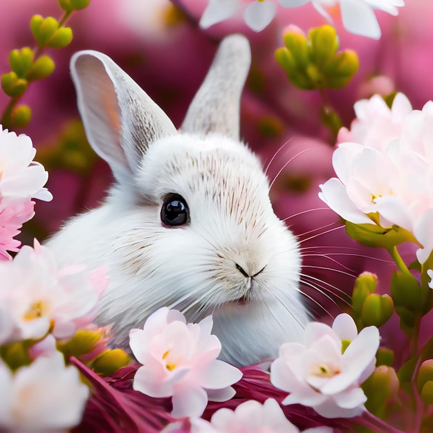 Easter bunny in blossom flowers spring background Generative Ai