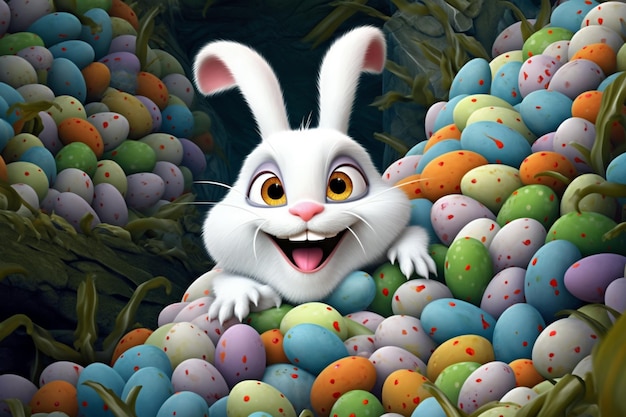 Easter bunny in a bunch of eggs