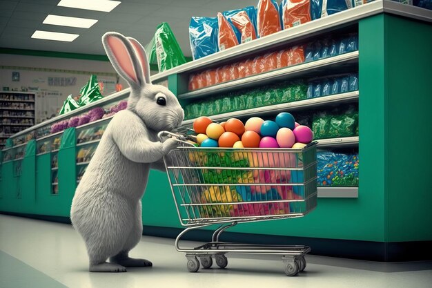 Easter bunny buys Easter eggs in the supermarket Generative AI