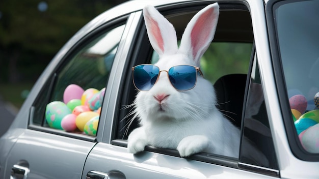 A easter bunny in a car with easter eggs illustrationHappy Easter bunny in glasses drive the car AI