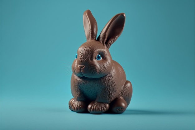 Easter bunny of chocolate on a light blue background. Generative AI