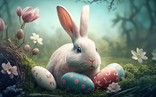 Easter bunny and colorful easter eggs in the grass Happy Easter Day copy space