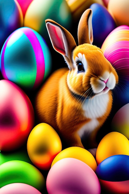 Easter Bunny and colorful eggs generative ai illustration Easter is a Christian holiday that celebr