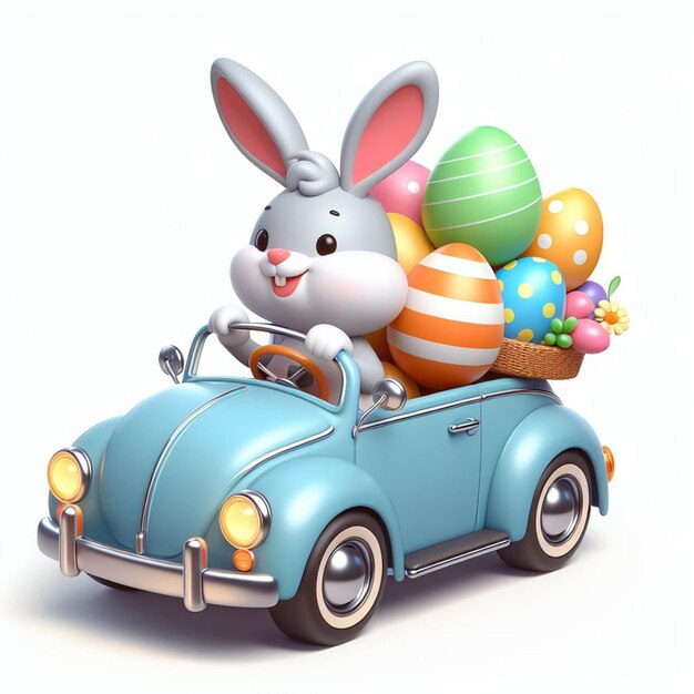 Photo easter bunny driving a car with colorful eggs