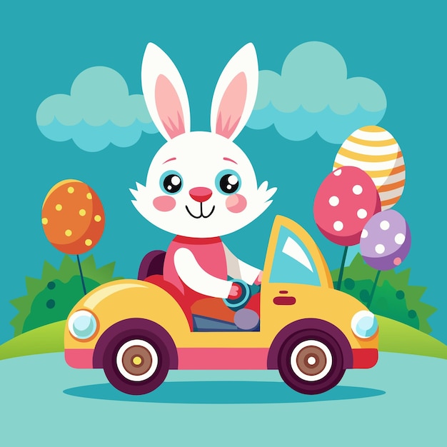 Photo easter bunny driving car with easter eggs