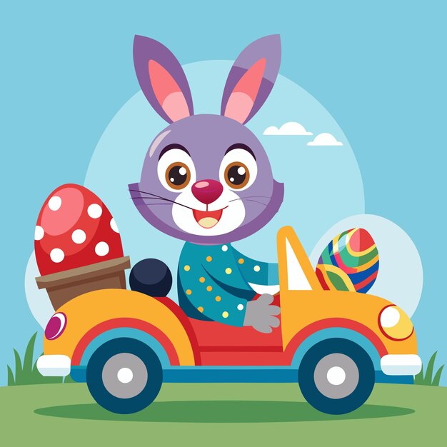 Photo easter bunny driving car with easter eggs