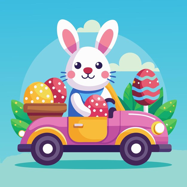 Photo easter bunny driving car with easter eggs