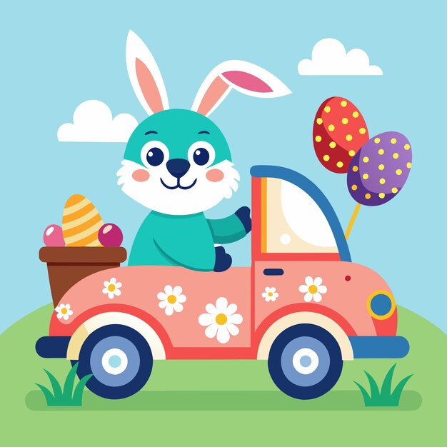 Easter Bunny Driving Car with Easter Eggs