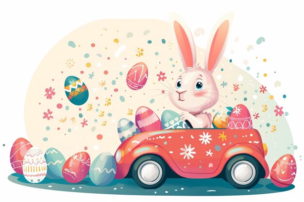 Photo easter bunny driving a car with eggs