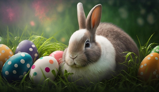 Easter bunny and easter eggs in the grass