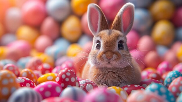 Easter bunny and Easter eggs on green grass field spring meadow