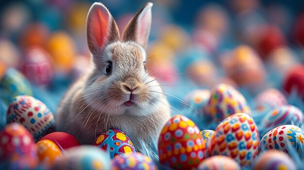 Easter bunny and Easter eggs on green grass field spring meadow