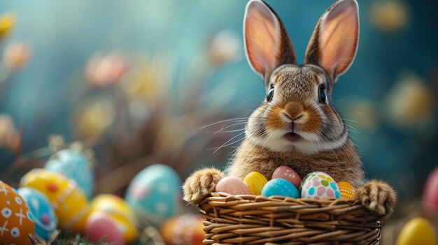 Easter bunny and Easter eggs on green grass