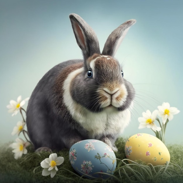 Easter Bunny next to eggs and flowers Festive spring concept with rabbit Generative AI