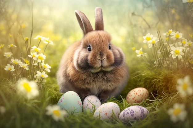 Easter bunny in a field with Easter eggs Generative AI