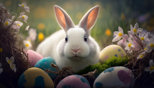 Easter bunny in a field with easter eggs