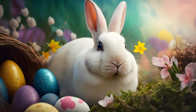 Easter bunny in a field with eggs and flowers