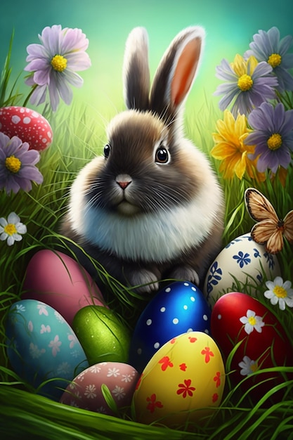 Easter bunny in a field with eggs