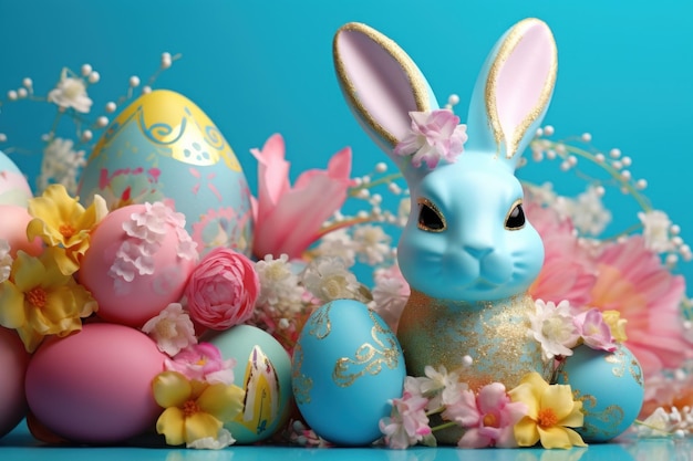 Easter Bunny Figurine with Decorative Eggs and Flowers