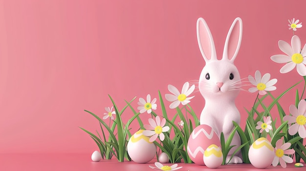 Easter Bunny in Floral Meadow with Eggs and Flowers on Pink Background description This charming digital depicts an Easter bunny surrounded by a