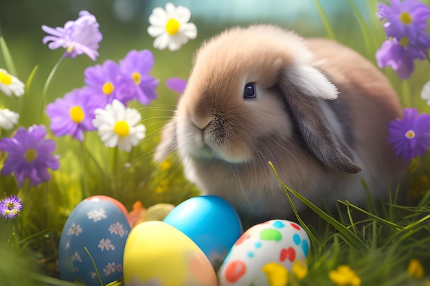 Easter bunny in the grass with colorful eggs