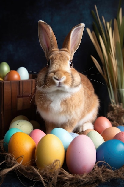 The Easter bunny has many colorful eggs and is happy Generative AI