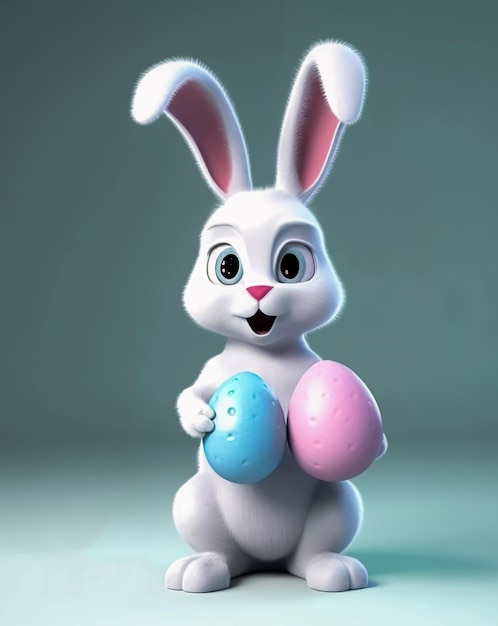 Easter bunny hold two colored eggs in gradient background